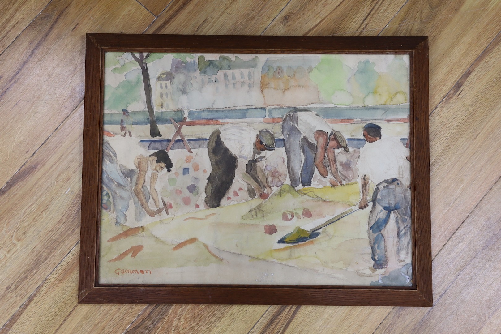 Reg Gammon (1894-1997), watercolour, Workmen beside a river, signed, 40 x 52cm